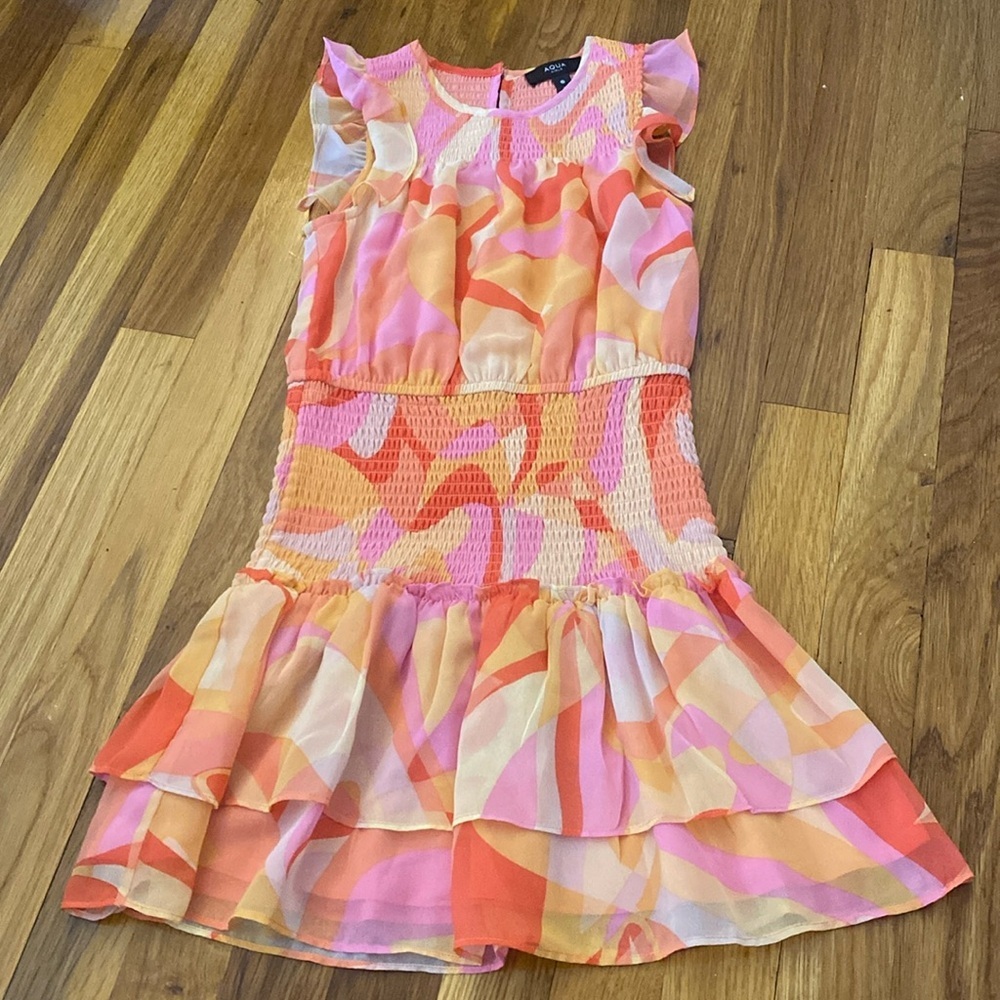 Aqua Girls Pink and Orange Printed Ruffled Dress Size M